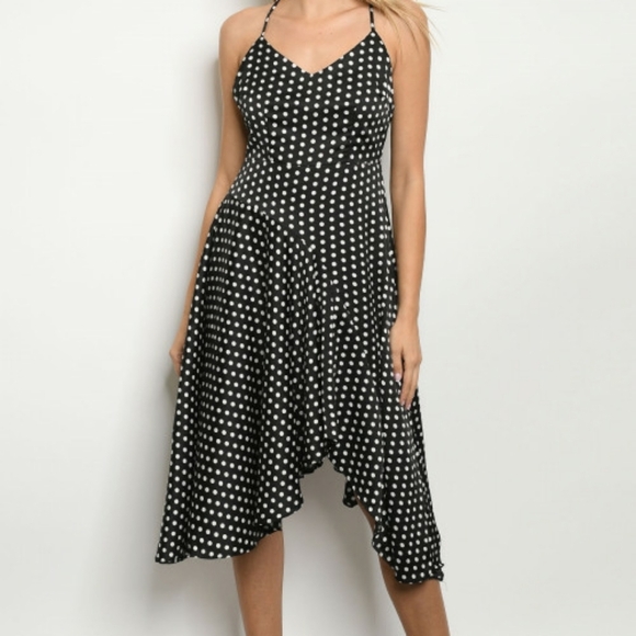 INA SKINNY STRAP BLACK WHITE POLKA DOT MIDI DRESS - Picture 3 of 4